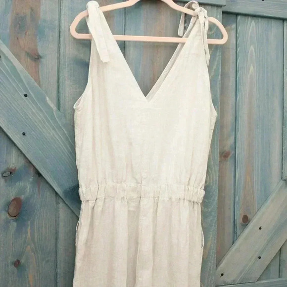 Khaki 100% Linen Cropped Jumpsuit Tan Romper 4OURDREAMERS Size Small - Picture 8 of 9